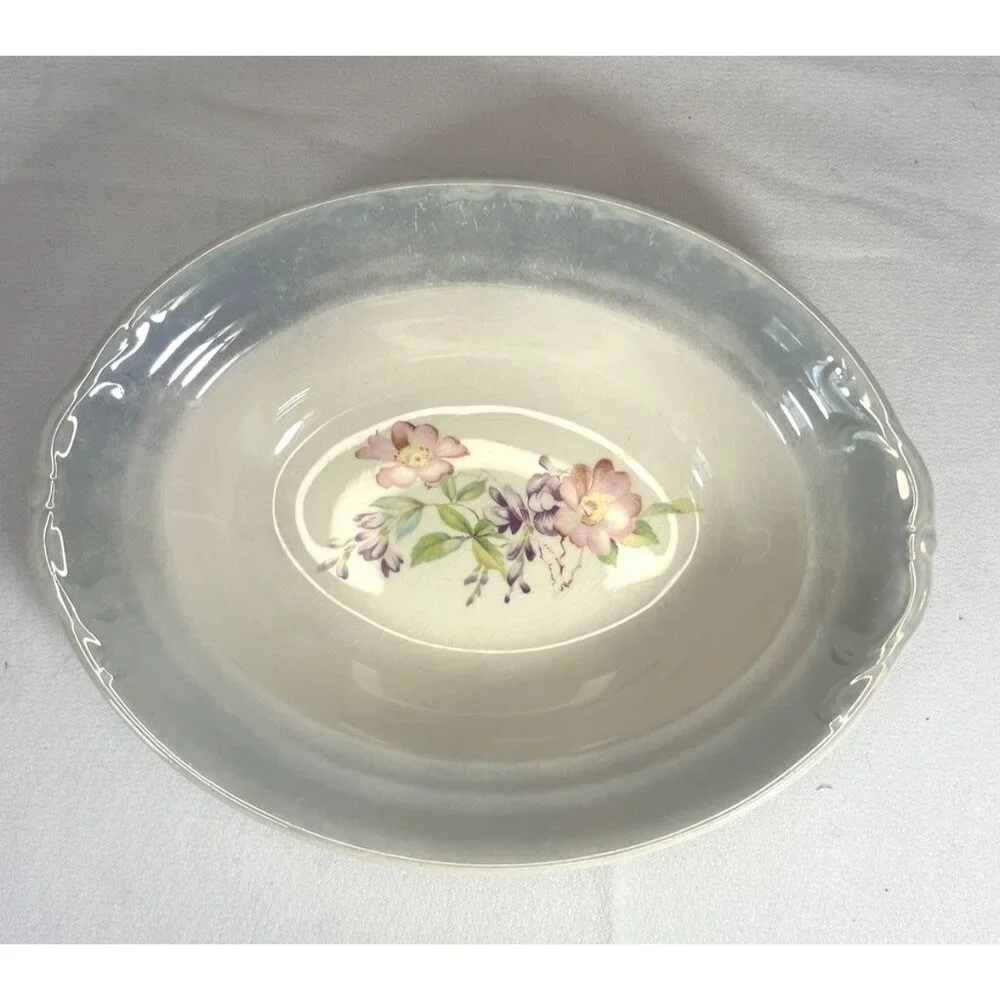 Crown Potteries Co Pair of Oval Floral Bowls Pink Blue 9X7X2